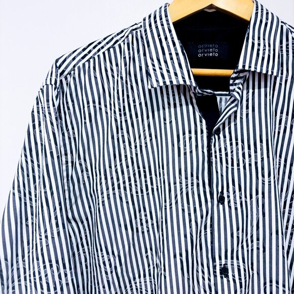 ORVIETO Black White Striped Floral Button Down Shirt | 2XL - Picture 3 of 7
